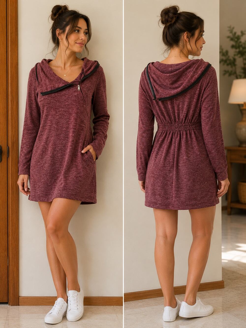Neesha Heathered Burgundy Cowl Neck Zip  Dress Medium